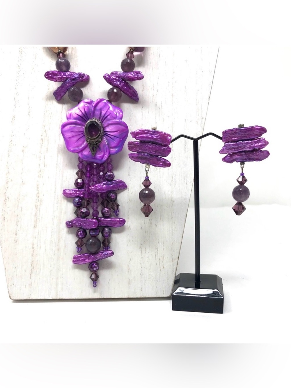 Sterling silver, purple pearl, amethyst necklace and earrings set